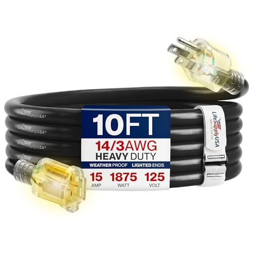10ft Outdoor/Indoor Extension Cord 14/3 Gauge Heavy Duty 3 Prong SJTW, Waterproof, Flexible Cold-Resistant Long Power Cord,15A 125V 1875W, Black by LifeSupplyUSA - color: Black, size: 10 FT, style: 14AWG