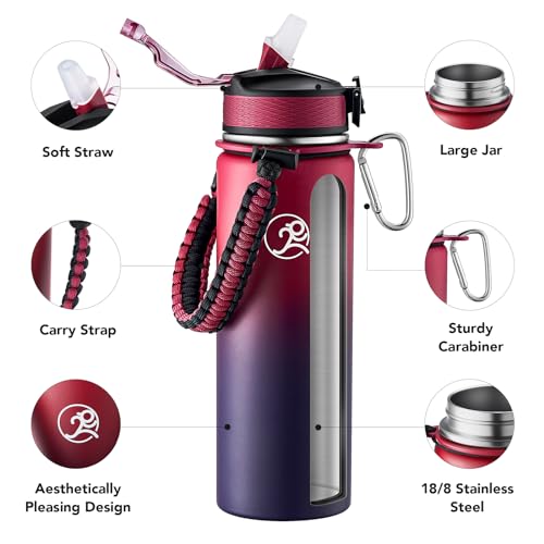 GOSWAG 24oz Insulated Stainless Steel Travel Water Bottle, 2 Lids | with straw and no straw, Paracord handle, Double-wall vacuum keeps drinks cold or hot, Leakproof tumbler - color: Red-Blue Ombré