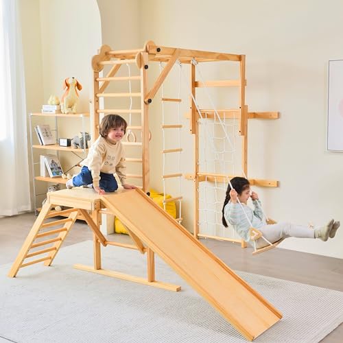 Avenlur Grove 8-in-1 Indoor Jungle Gym with Gymnastic Rings, Climbing Rope, Swing, Slide, Monkey Bars, Rope Wall Net, and Wooden and Rope Ladder - Jungle Play Set for Kids Ages 2-11 Years Old - color: Natural Wood