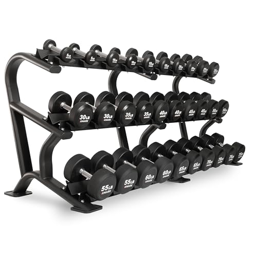 XMARK Dumbbell Weights Sets, 5-50lb and 5-75lb Dumbbell Sets, No Odor, Urethane Dumbbells, Commercial Gym and Home Gym Equipment - color: 06) 5-75lb Round & Modern Rack