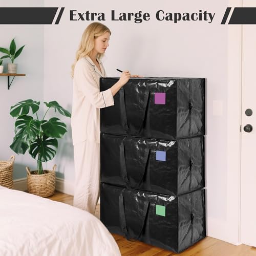 12 Pack Moving Bags with Full-Open Side Zipper, Extra Large 93L Heavy Duty Waterproof Foldable Storage Totes for College Dorm, Moving & Home Organization Black - color: Black, size: 12Pack