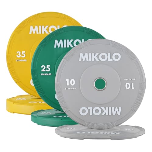 Mikolo Olympic Bumper Plates Set, 100% High-Density Low-Bounce Rubber Weight Plates with Steel Inserts, IWF Color-Coded Quiet Barbell Plates for Deadlifts, Squats & Home Gym Strength Training (Weights: 45 * 2-230LB) - style: 140LB SET