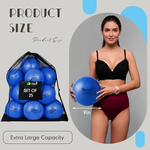 Set of 25 Pilates Balls Bulk 9 Inch Small Exercise Ball for Yoga, Stability, Physical Therapy, Balance, Barre, ABS Core, Gym, Training, with Mesh Bag and Pump - color: Blue