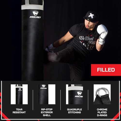 Heavy Punching Kicking Bag for Adults, Boxing, MMA, Martial Arts, Muay Thai, Strength Training Equipment, Filled, 5ft, 100 lbs, Colored Strap and Rhino Logo - color: White / Black, size: Filled