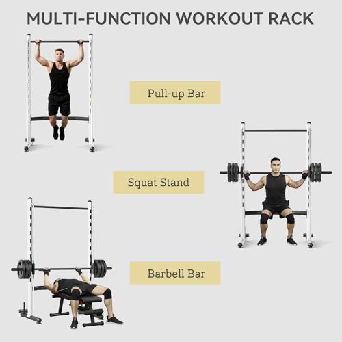 Soozier Squat Rack with Pull-Up Bar, Adjustable Power Rack with Barbell Bar, Multi-Functional Steel Bench Press Rack for Home Gym Strength Training, Black - color: White
