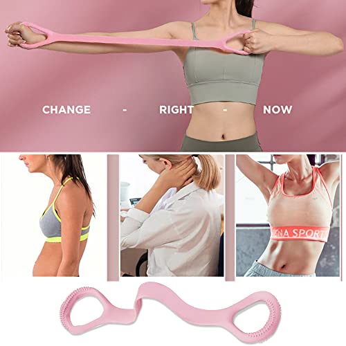 Figure 8 Resistance Band, Arm Back Shoulder Exercise Elastic Rope Stretch Fitness Band, Foot, Leg, Hand Stretcher, Arm Exerciser for Yoga Pilates Stretching Physical Therapy, Home Gym Workout - color: Pink with ring