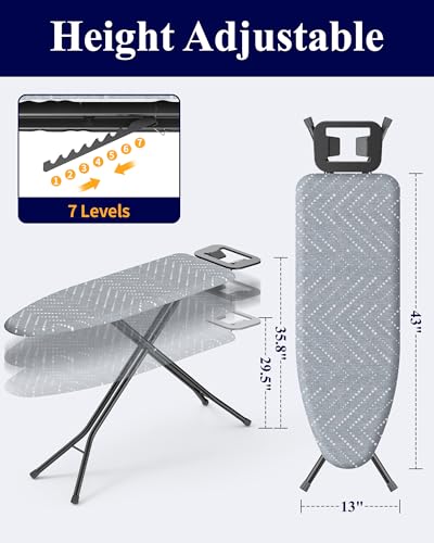Kitsure Folding Ironing Board - Height Adjustable Iron Board in Full Size, Wobble-Free & Heavy-Duty Ironing Board with Cover and Pad for Heat Resistance, Grey, 43" L x 13" W x 35.8" H - color: Gray