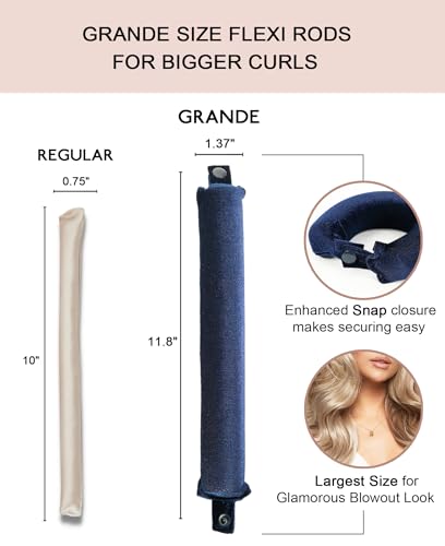 Grande Heatless Curls Overnight Rods No Heat Hair Curlers to Sleep in, Jumbo Foam Large Hair Rollers for Long Hair Blowout Look, Heatless Flexible Curling Rod Set with Satin Wrap for Sleeping - color: Midnight Blue