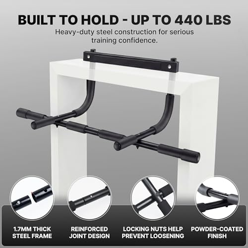 DMoose Fitness Pull Up Bar for Doorway - Upto 250 Lbs Capacity, No Screwing or Slipping, Hanging Pullup & Chin Up Bar for Door Frame - Multi Padded Grips for Strength Training with Installation Guide - color: Black Classic