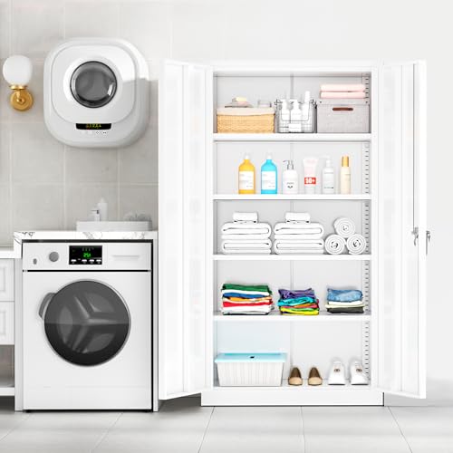 Superday Locking Metal Cabinet 72"×36"×18", Tall Storage Cabinet with 2 Doors and 4 Shelves, Large Metal Steel Utility Cabinets for Office File Bathroom Medicine Garage Pantry (White) - color: White, style: 72"