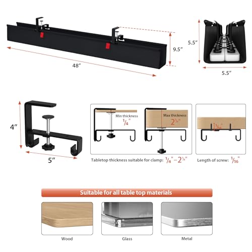 Univivi No Drill Under Desk Cable Management Tray, 48" Cord Organizer for Table, Clamp/Screw Mount Desk Cable Management, Premium Fabric Cable Management Tray for Office, Home (Extra Large) - color: Black, size: 48"L x 5.5"W