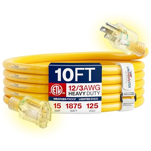 10ft Outdoor/Indoor Extension Cord 12/3 Gauge Extra Heavy Duty 3 Prong SJTW, Waterproof, ETL Listed, Flexible Cold-Resistant Long Power Cord,15A 125V 1875W, Yellow by LifeSupplyUSA - color: Yellow, size: 10 FT, style: 12 Gauge (EXTRA HEAVY DUTY)