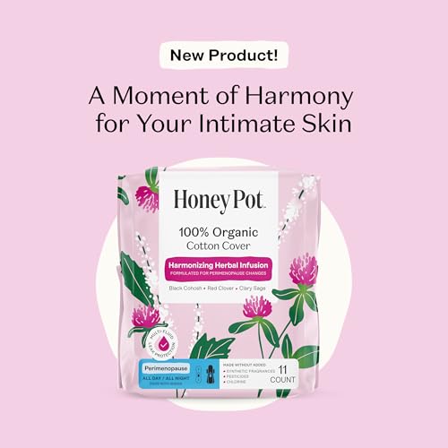 Honey Pot - Perimenopause All Day All Night Pads for Women - 100% Organic Cotton Top Sheet - Feminine Care - Multi-Fluid Absorbency - Harmonizing Herbs of Black Cohosh, Clary Sage, & Red Clover - 44ct - size: 44 Count (Pack of 1), style: Peri-Menopause Al