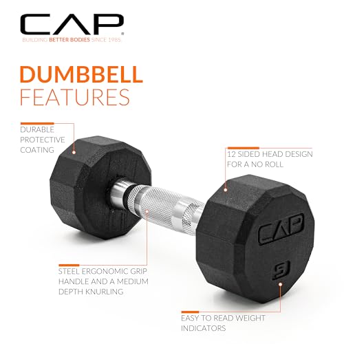 CAP Rubber Coated Dumbbell Weights, Free Weights for Home Gym Strength Training, Anti-Roll Hex Dumbbells with Black, Chrome & Comfort Grip Handles, Singles - size: 5 lb, style: 12-Sided - Chrome Handle