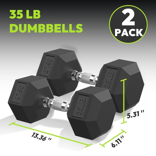 HANDBODE Hex Dumbbell Set of 2, Rubber Encased Fixed Dumbbells, 2.5-65 lb | Non-Slip Comfortable Handles, Hand Weights for Strength Training, Ideal for Home Gym Workouts - size: 35 lb, Pair, style: Chrome Handle