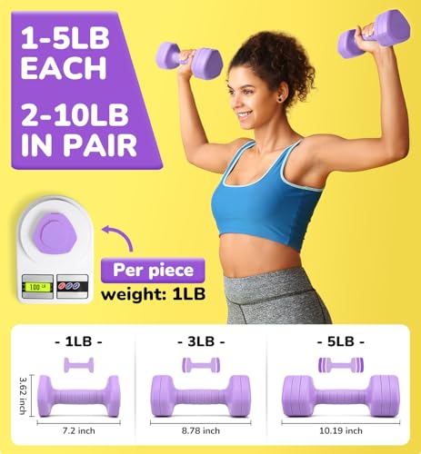 Adjustable Dumbbell Set of 2, 10LB 20LB 30LB Weight Set | Hand Weights for Women Men, Dumbbells for Home Gym Outdoor Exercise & Muscle Toning Weight Loss Rehab Strength Training - color: Purple, style: 10 lb, Pair-Rubber Handle