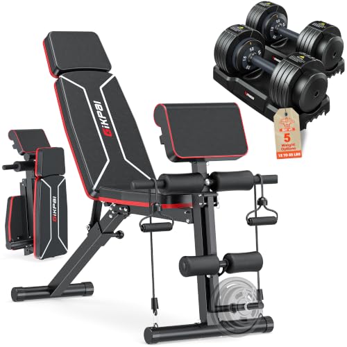 GIKPAL Adjustable Weight Bench - Workout Bench Press for Home Gym, Foldable Incline Decline Sit up Exercise Bench for Full Body Strength Training w/Leg Extension and Preacher Pad - color: Black 5-Gear 55LB Pair