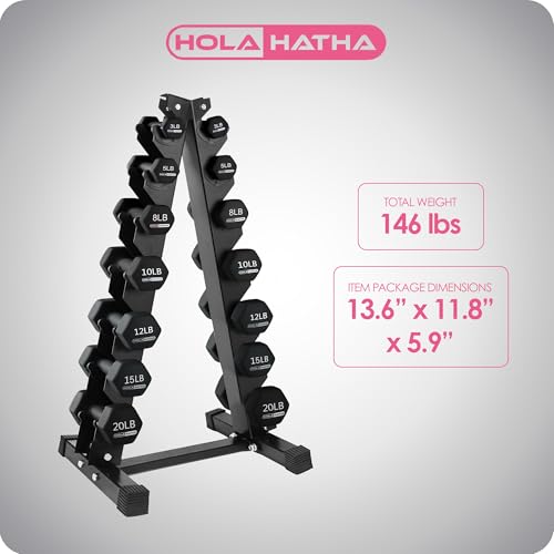HolaHatha Neoprene Dumbbell Weights Set with Rack, Home Gym Equipment, 146 Lbs, Black - Portable Weighted Exercise Dumbbells for Fitness, Training, and Lifting Workouts
