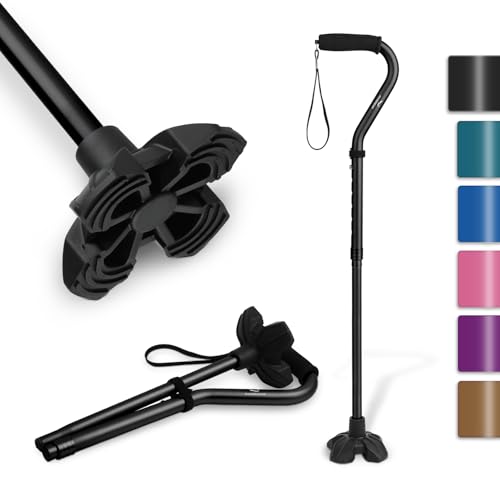 KINGGEAR Self Standing Walking Cane Quad Base for Seniors | Folds 1.1lb, 6 heights 31-36", offset EVA grip, wrist strap, all-terrain quiet base, for women men recovery - color: Black