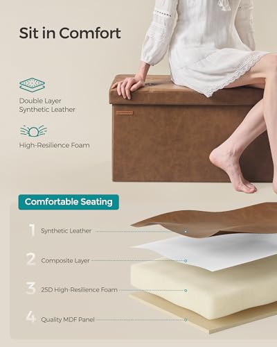 SONGMICS Mazie Collection - 30 Inches Folding Storage Ottoman Bench, Ottoman with Storage, Foot Rest Stool, Load 660 lb, for Living Room, Synthetic Leather, Coffee Brown ULSF040K11 - color: Coffee Brown, size: 15"D x 30"W x 15"H