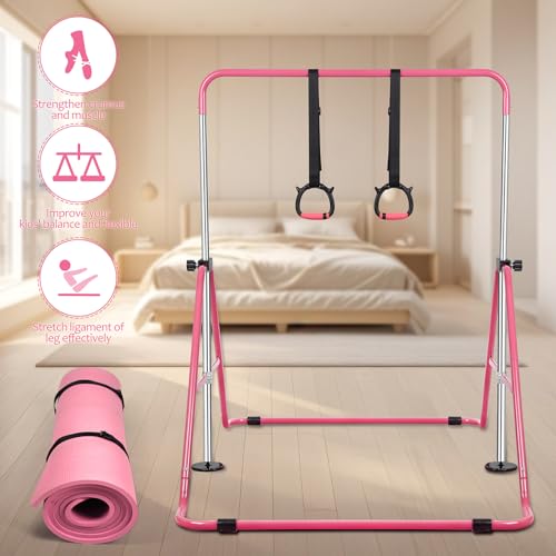 Expandable Gymnastics Bars with Ring, Adjustable Height Gymnastic Horizontal Bars, Gym Junior Training Bar Children Folding Training Monkey Bars for Kids - color: Mat+Pink