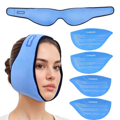 Comfpack Face Ice Pack Wrap for TMJ Relief with 4 Reusable Hot Cold Gel Packs, Wisdom Teeth Ice Pack Head Wrap for Tonsillectomy, Tooth Extraction & Teeth Removed, Oral Surgery, Cosmetic Injection - color: Blue