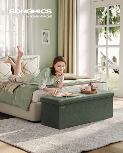 SONGMICS Mazie Collection - 43 Inches Folding Storage Ottoman Bench, Ottoman with Storage, Foot Rest Stool, Load 660 lb, for Living Room, Synthetic Leather, Forest Green ULSF070C01 - color: Forest Green, size: 15"D x 43"W x 15"H