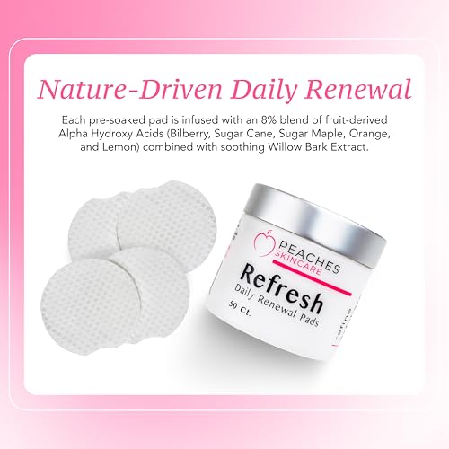 Peaches Skin Care Refresh Renewal Pads - Gentle Exfoliating Pads, 50 Count | Daily exfoliating pads for face and neck with willow bark, hyaluronic acid, niacinamide and AHA fruit blend