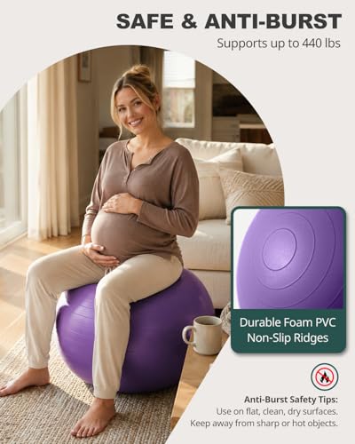 Trideer Yoga Ball for Exercise, Pilates, Core & Balance Training, Stability Ball for Pregnancy & Birthing Prep, Physical Therapy, Daily Stretching, Office Chair for Active Sitting, Quick Pump Included - color: Purple, size: L(23-26ines/58-65cm)