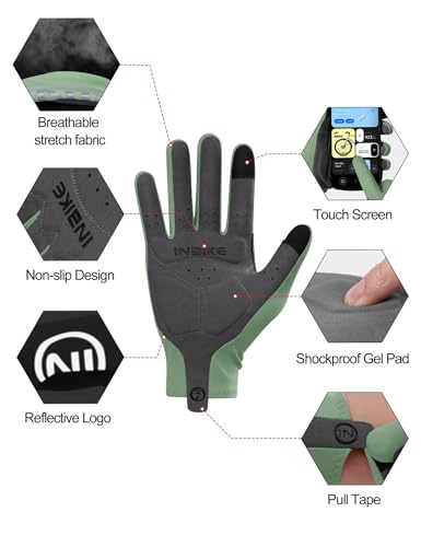 INBIKE Breathable Bike Gloves for Men Women, Full Finger Pad Cycling Gloves, Touchscreen Reflective Mountain Biking Bicycle - color: Green, size: XX-Large (Hand Circumference 8.5-8.75inch)