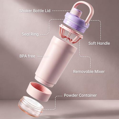 Fijinhom 24 oz Insulated Shaker Bottle with Portable Powder Container. | Leak-Proof Protein Shaker Bottle, 304 Stainless Steel Insulated Water Bottle with Removable Mixer, Measurement Marks, Pink - color: Pink