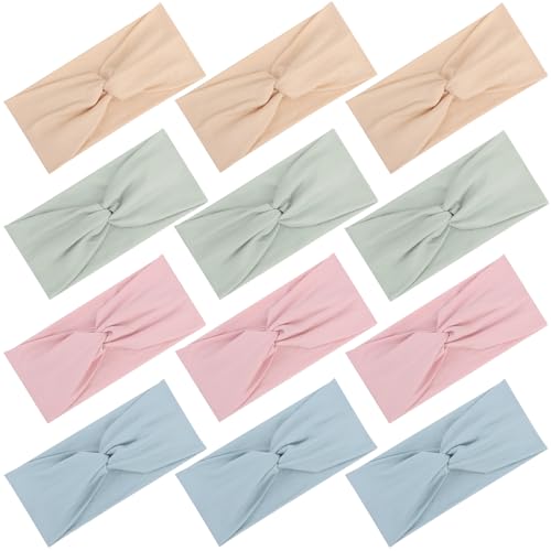 12 Pcs Stretchy Headbands for Women, Absorbed Sport Headband Soft Twist Knotted Hairbands for Daily Life Yoga Workout(Light yellow/Pink/Blue/Green) - color: Light yellow/Pink/Blue/Green