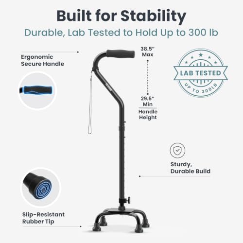 PELEGON Quad Cane (300 lb) - Adjustable Walking Cane with A Large 4 Pronged Base for Extra Balance & Stability, Walking Canes for Seniors, Walking Cane for Men & Women, Walking Sticks - color: Black