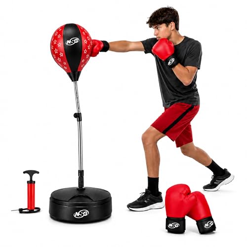 NSG Punching Bag for Kids & Boxing Gloves Set - Adjustable Freestanding Speed Bag with Spring-Loaded Stand, Junior Boxing Gloves & Hand Pump - Portable, Easy Assembly for Boys, Teens, Toddlers Ages 4+ - size: Large