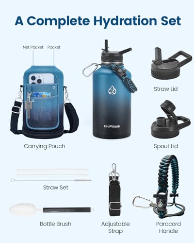 64 oz Insulated Water Bottle with Carrier Bag, Half Gallon Stainless Steel Water Bottle Keep Cold 48Hrs, Vacuum Insulated Large Water Jug for Gym, Travel, Hiking, Indigo Black - color: Indigo/Black, size: 64 Ounces