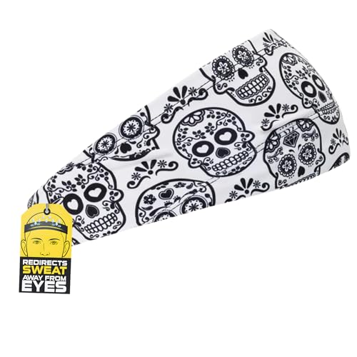 Halo Headband Bandit - 4" Wide Pullover Sweatband Running Headband Men Women Absorbent Soft Comfortable.Channels Sweat Out of Your Eyes Keeps Hair in Place No-Slip - color: Sugar Skull