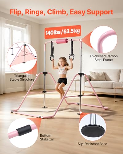 VEVOR Gymnastic Bars for Kids, 140 lbs Capacity Folding Training Kip Bar with Mat, 5 Adjustable Height Gymnastic Horizontal Bar Home, Training Equipment for Indoor Outdoor, Easy Assemble - color: Pink