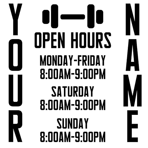 Catchy Custom Business with Open Hours Gyms Name and Barbell - Fitness and Gym Open Decal for Indoor and Outdoor Use - Personalized Custom Gym Logo Sticker - color: Dec 22