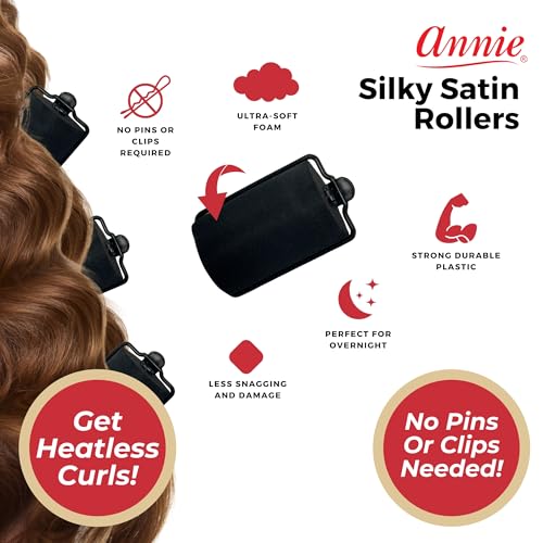 Annie Silky Satin Jumbo Hair Rollers - 6 Pack Black Foam Sponge Curlers for Heatless Curls - Soft Sleep Styler Pillow Rollers for All Hair Types, Prevents Breakage & Frizz (1.5 Inch Diameter)