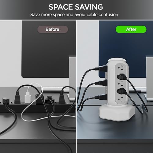 Multiple Outlets Power Strip Tower with Colorful Nightlight, 15 AC Outlets and 6 Fasting USB Ports, 6.5ft Extension Cord, 900J Surge Protector with Outlet Overload Protection for Home, Office (White) - color: White -PD 20W