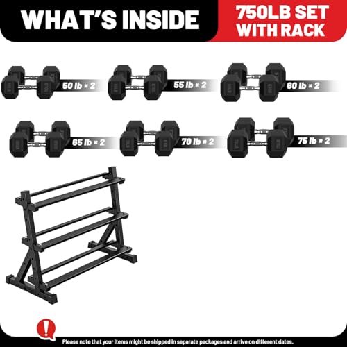 PAPABABE Dumbbell Set with Rack, 540-850lb, Rubber Encased, Home Gym | Complete & Durable Cast Iron Core Odorless PVC Antiroll Hex Shape Ergonomic Chrome Handle Versatile Home Gym - size: 750LB with 3-Tier Weight Rack