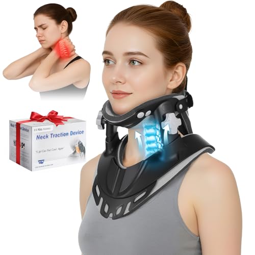 Cervical Traction Device, Neck Stretcher for Pain Relief at Home & Office, 3 Power Traction, Adjustable Ergonomic Support Brace for Spine Alignment, Lightweight and Portable - color: A: Black