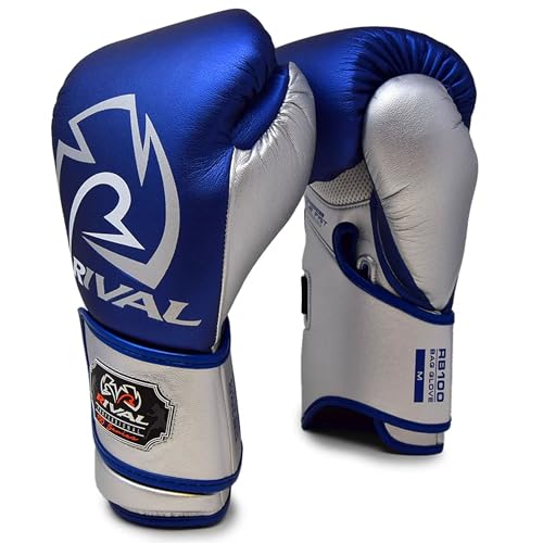 RIVAL Boxing RB100 Professional Bag Gloves, 6mm of D30 Padding, Handcrafted Microfiber, Innovative Wrist Lock 3 System - color: Blue/Silver, size: Medium