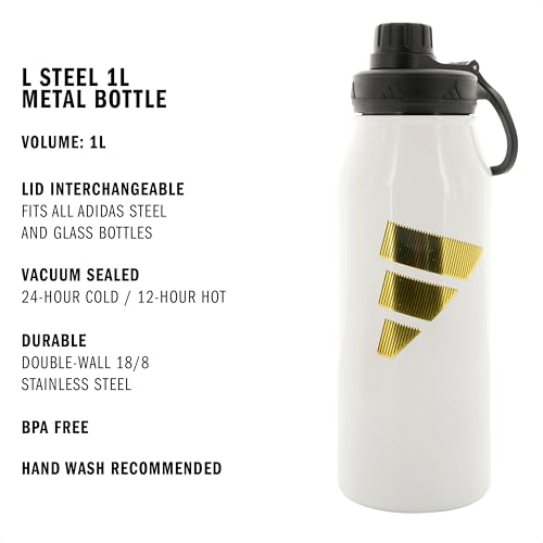adidas Stainless Steel Metal Water Bottle 34 oz (1L) Screw Cap - color: White/Gold Metallic/Black