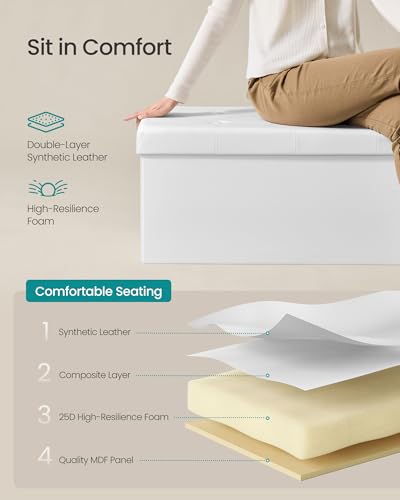 SONGMICS MAZIE Collection - 30 Inches Folding Storage Ottoman Bench, Ottoman with Storage, Foot Rest Stool, Load 660 lb, for Living Room, Synthetic Leather, White ULSF106 - color: White, size: 15"D x 30"W x 15"H