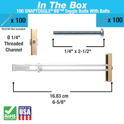 TOGGLER SNAPTOGGLE Drywall Anchor with included bolts for 0.25"x2.5" (100 Pieces) - size: 2.5 inches