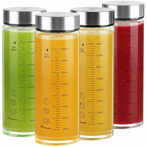 Glass Juice Bottles 4 Pack 16 oz - Wide Mouth Glass Water Bottles with Lids - for Juicing, Protein, Smoothie, Milk, Reusable, BPA Free, Stainless Steel Lids, Blender, Shaker Bottle (500ml) - color: 4-Pack (ml), size: 16oz/500ml