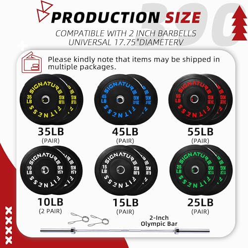 Fitvids 2-Inch Olympic Rubber Weight Plates Sets, Bumper Plates Set with Barbell for Strength Training, 180-390 Lbs Multiple Options - color: Colored, style: 390LB Set With Barbell