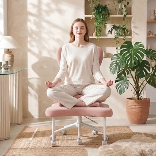 Cross Legged Office Chair with Wheels, 360 Swivel Height-Adjustable Meditation Chair with Lumbar Support, Pink - color: Pink, size: Heart Back with Rectangular Cushion