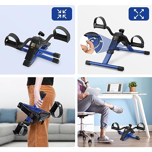 Uten Folding Pedal Exerciser, Under Desk Bike Pedal Exerciser, Mini Under Desk Exercise Bike Foot Hand Cycle Portable, Arm and Leg Exercise Peddler Machine with LCD Monitor - color: B-Blue